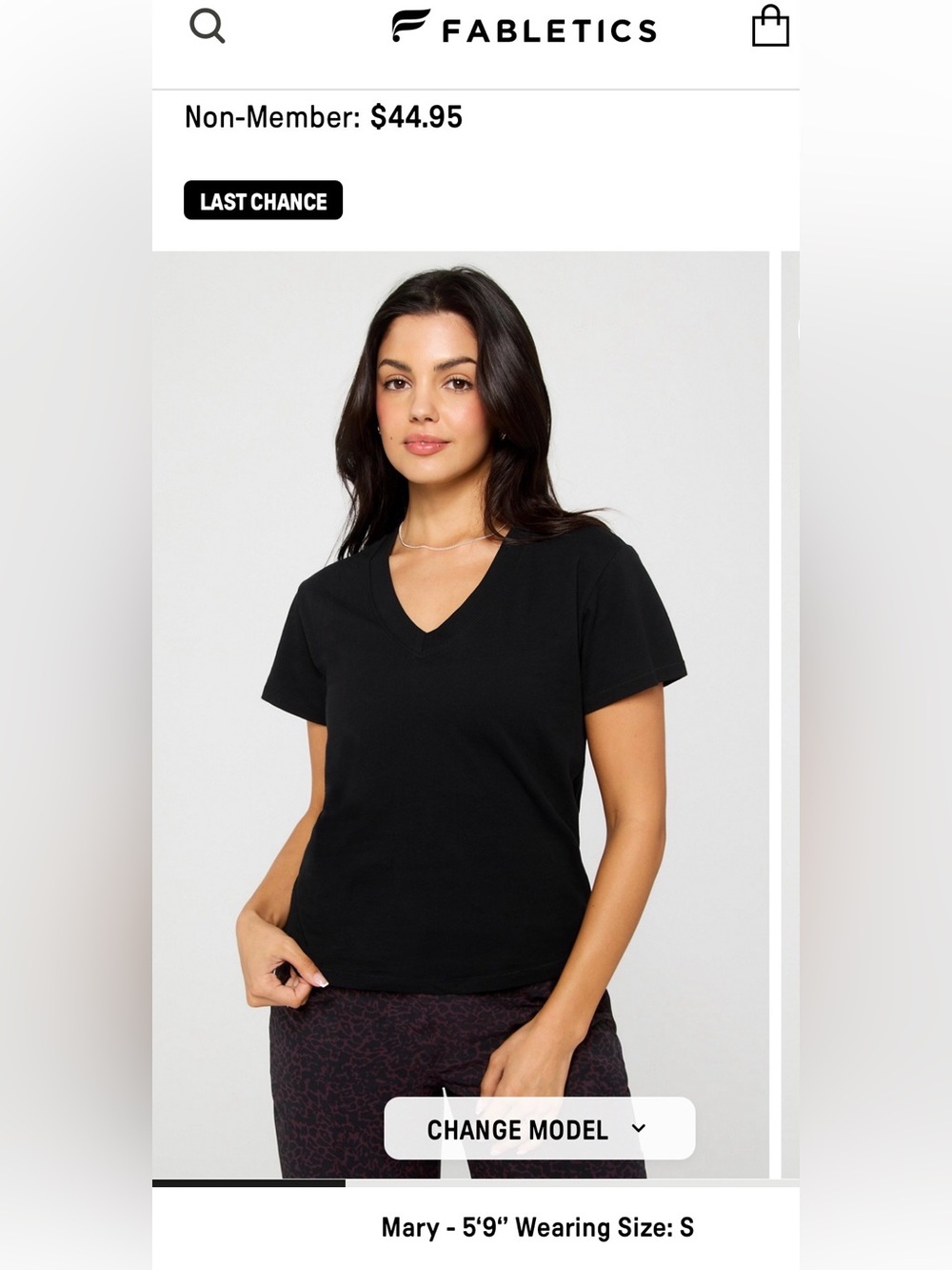 NWT Fabletics Black 100% Cotton V-Neck Short Sleeve Tee size S